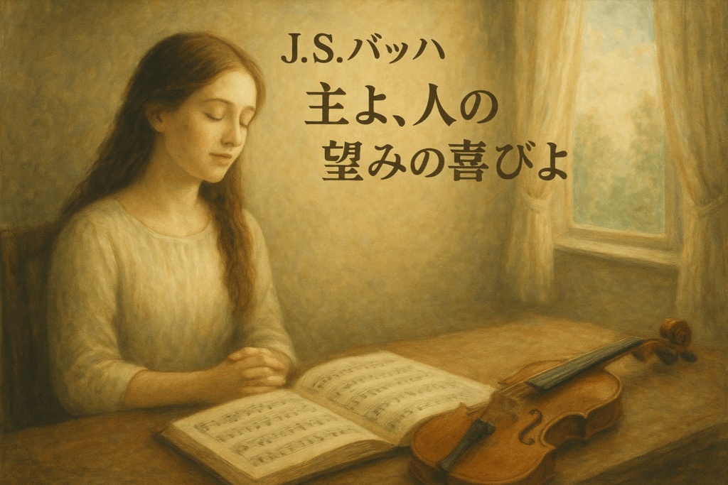 バッハ「主よ、人の望みの喜びよ」をイメージしたブログ用挿絵。若い女性が楽譜を前に目を閉じ、静かに祈るように佇み、机の上にはバイオリンが置かれている。