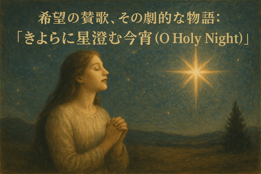 クリスマスキャロル「きよらに星澄む今宵(O Holy Night)」をイメージした挿絵。女性が祈るように夜空を見上げ、輝く星の光に希望を感じている。